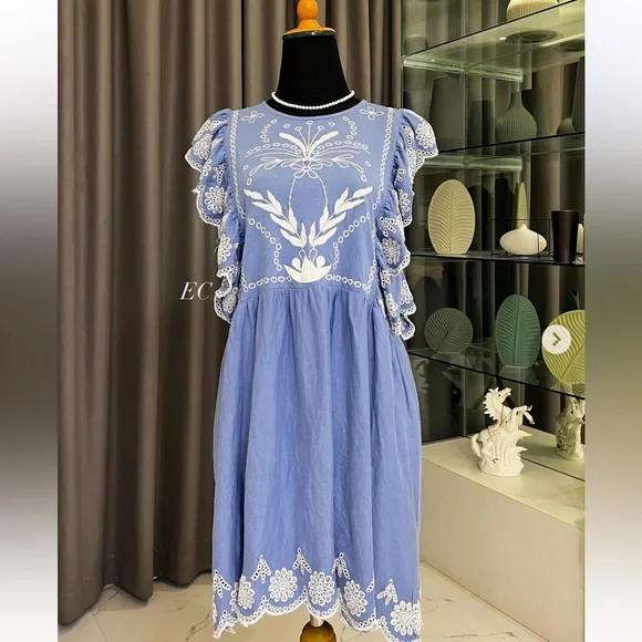 ASOS | Dresses | Asos Blue Embroidered Ruffled Dress Size 8
